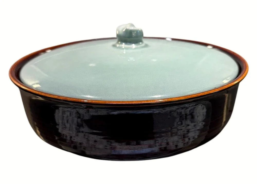 Vintage Red Wing Village Green 2 Qt Round Covered Casserole Brown Aqua MCM